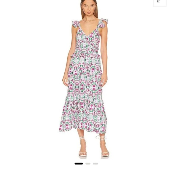 MISA x Revolve Morrison Floral Cotton Strappy Tiered Spring Fuschia Midi Dress - Picture 5 of 15